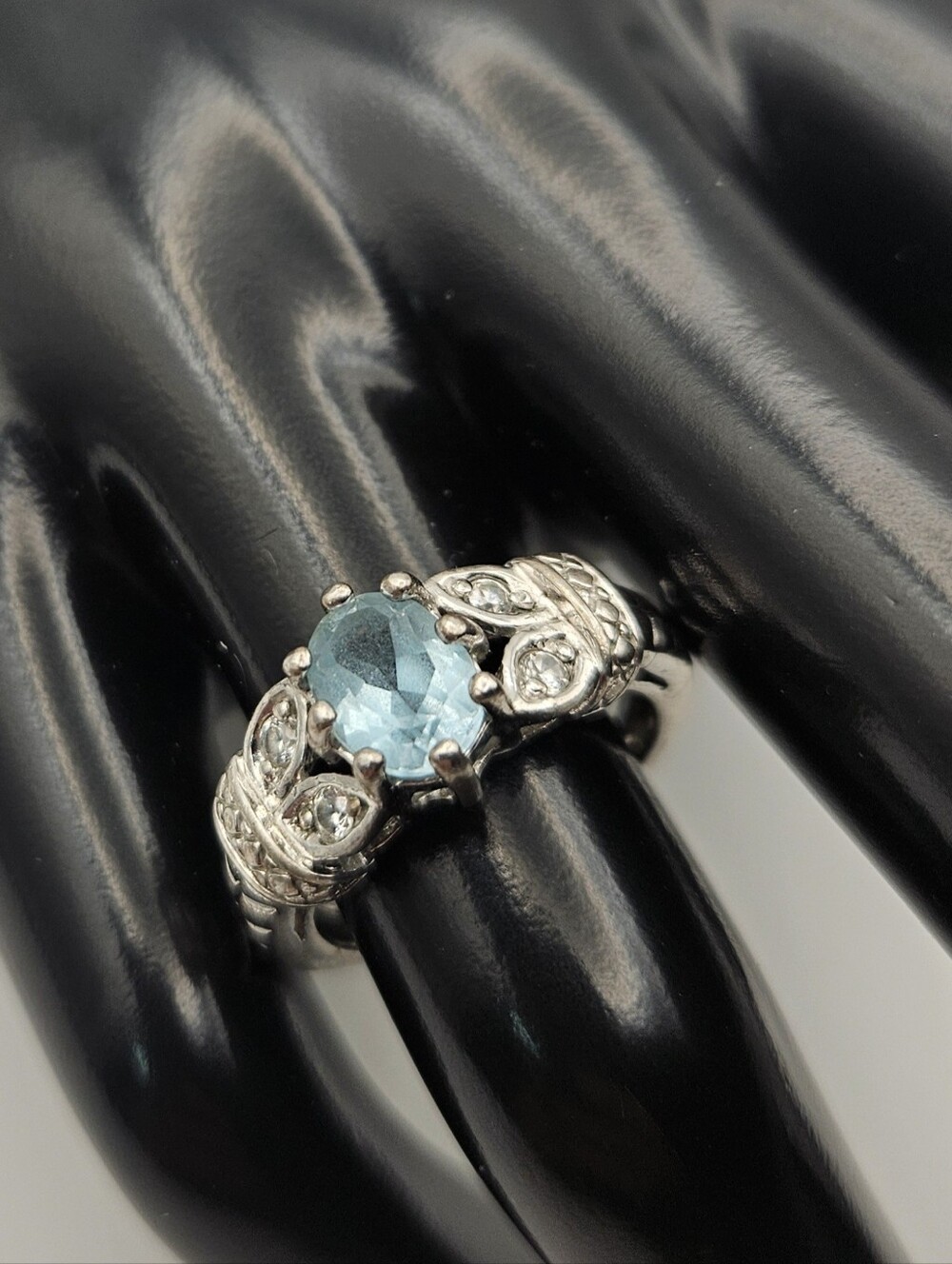 Vintage RJ 925 Sterling Silver Blue Stone Ring Size 7 Filigree Art Deco Style
